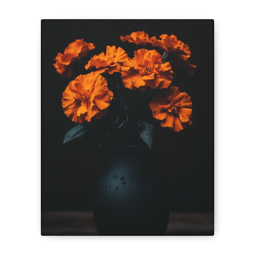Dark floral wall art canvas print with orange marigolds 